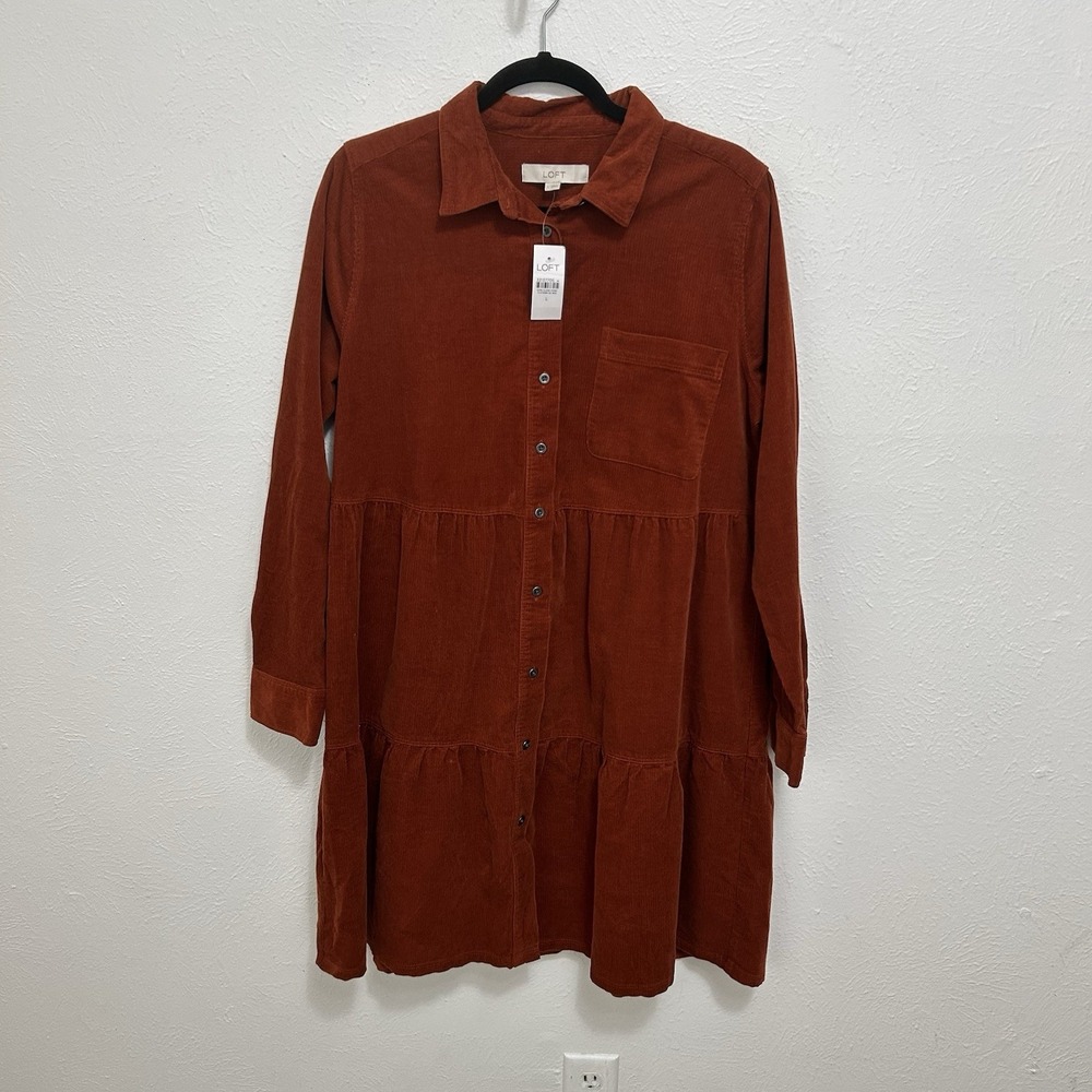 Loft Corduroy Tiered Shirt Dress Button Up Rust Brown Cottagecore Western Size L